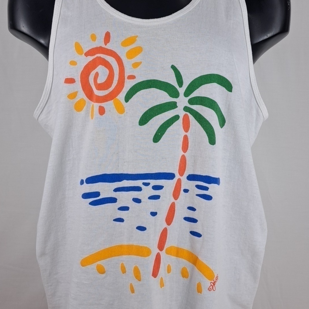 Vintage 1988 Pinwheels beach scene art casual summer XL white tank top shirt